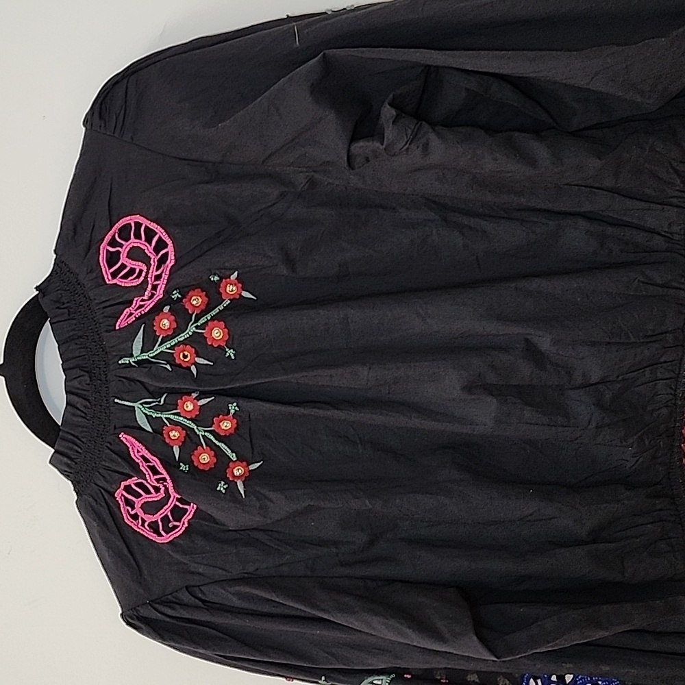 FarmRio Embroidered Puffsleeve  Black Dress Colorful Parrot Design Romantic Sz M - Picture 12 of 16